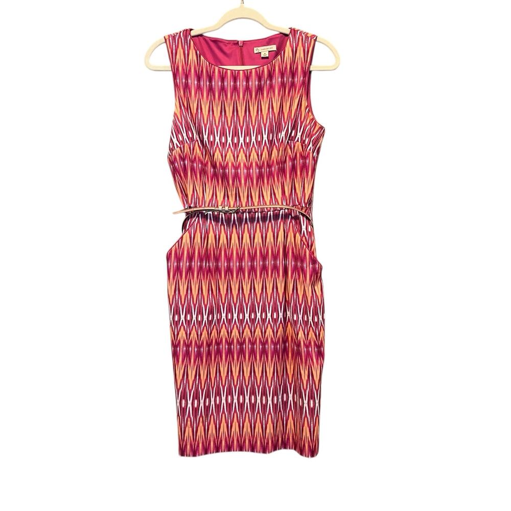 db Sheath Dress Women's Size 8 Retro Mod Ikat Sleeveless Belted Statement Resort